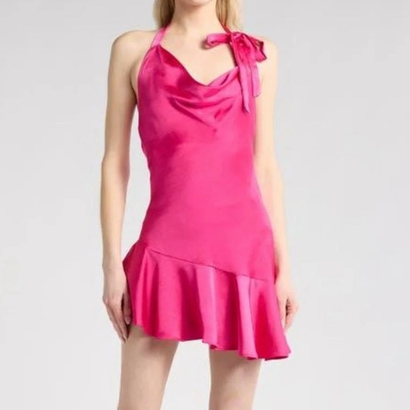 Lush Cowl Neck Ruffle Hem Mini Dress in Fuchsia Size Large - Picture 2 of 8